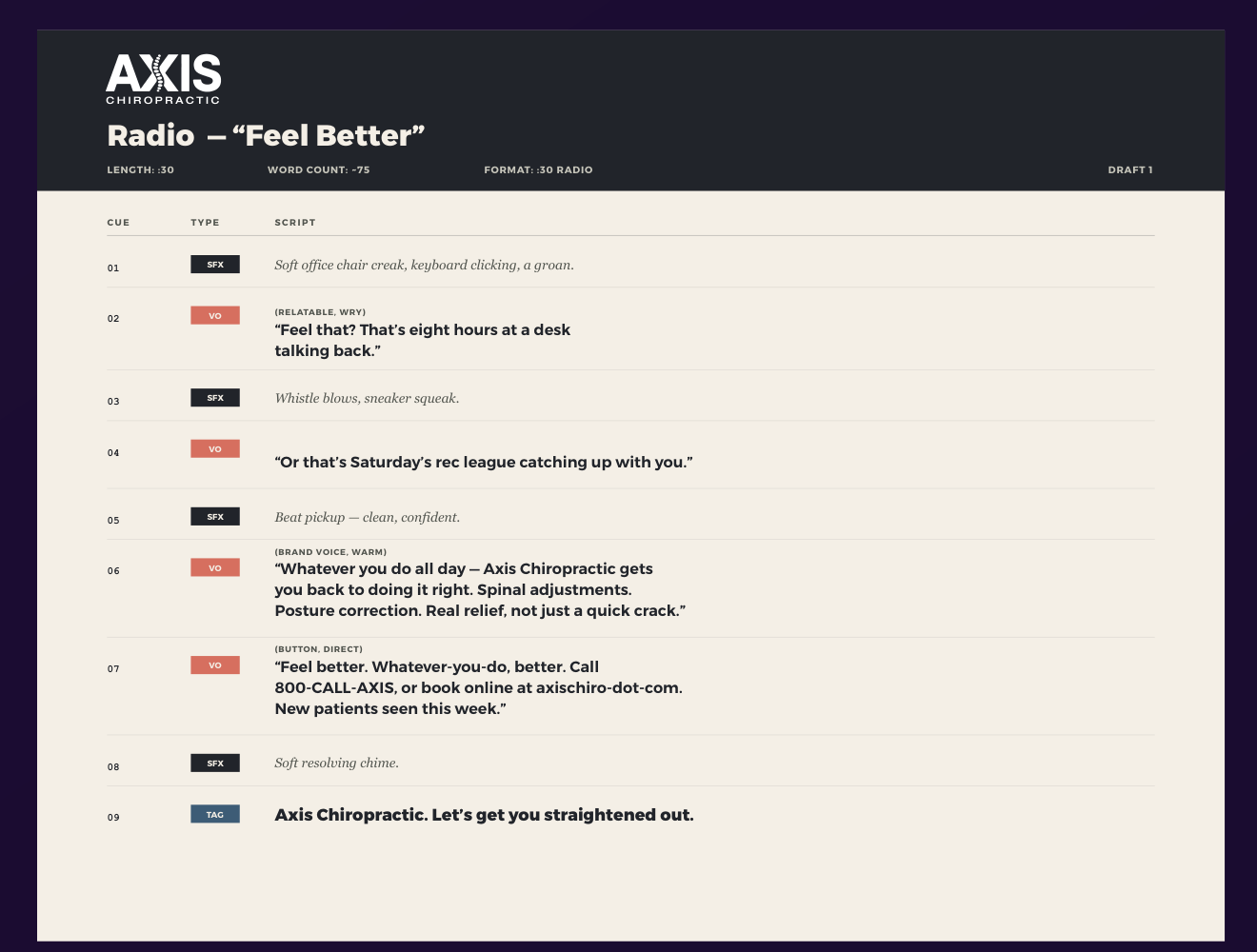 AXIS campaign radio script — feel better, thirty seconds